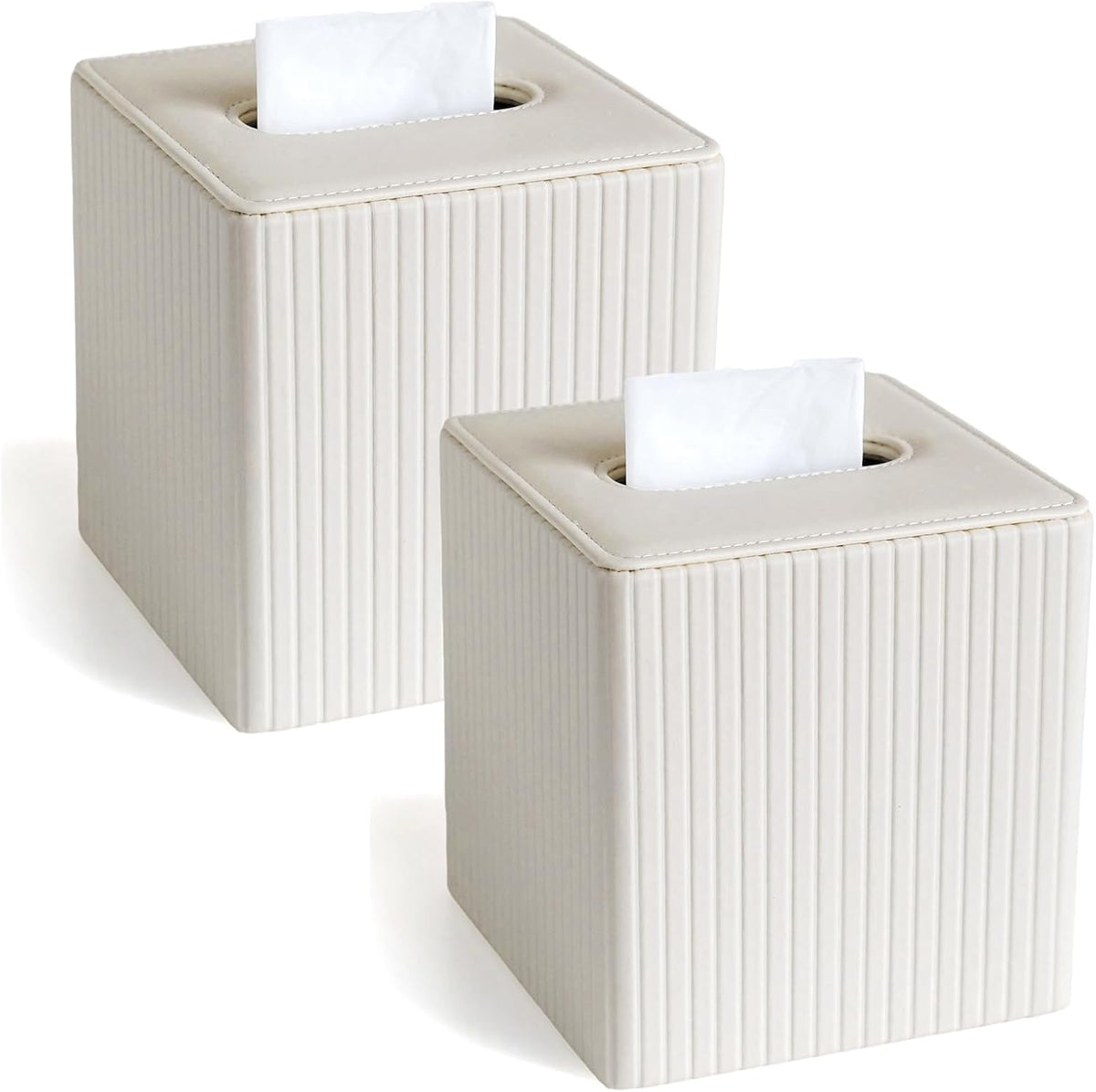 2 PC Leather Ivory White Tissue Box Cover, Square Tissue Box Holder Compatible with Kleenex for Bathrooms