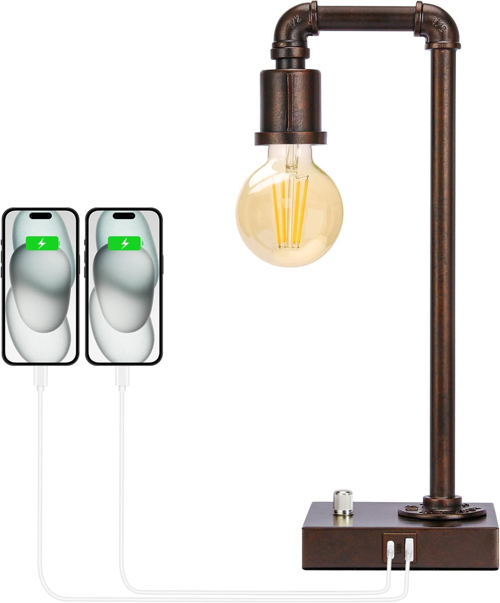 Industrial Table Lamp with Water Pipe Design, Fully Dimmable Bedside Lamp