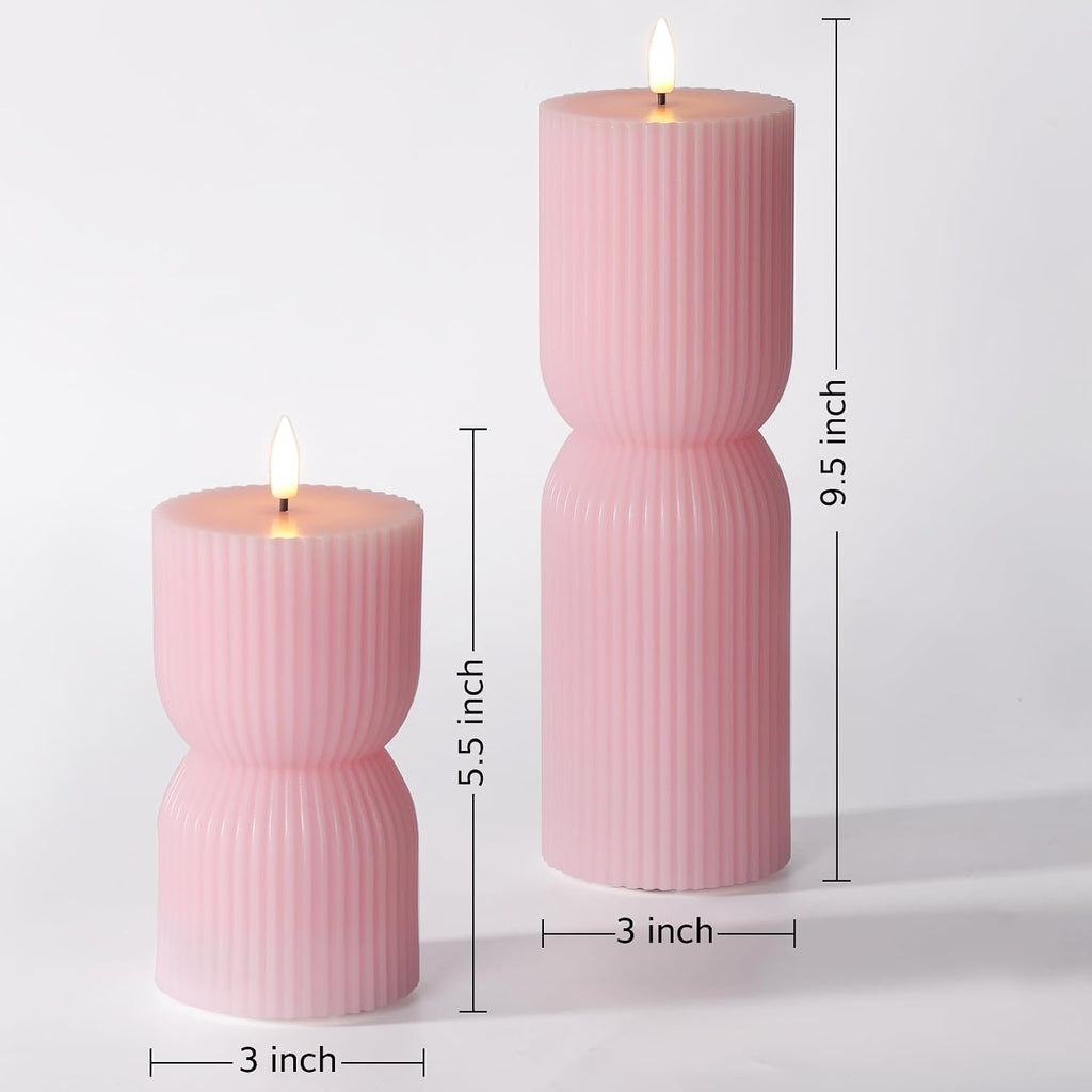 Pink Ribbed Flameless Pillar Candles with Remote Set of 2