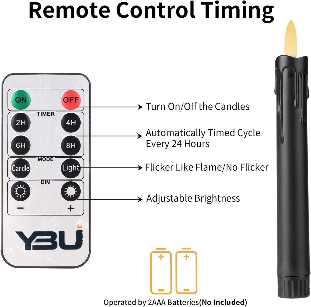 YBU Flameless Taper Candles with Remote 7 Inches Led Candle Sticks with Flickering Light Timer Dimmer Battery Operated Window Candles for Halloween Christmas Decoration (Black)