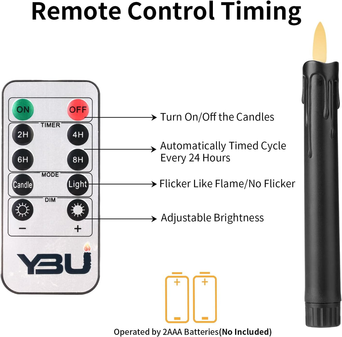 YBU Flameless Taper Candles with Remote 7 Inches Led Candle Sticks with Flickering Light Timer Dimmer Battery Operated Window Candles for Halloween Christmas Decoration (Black)