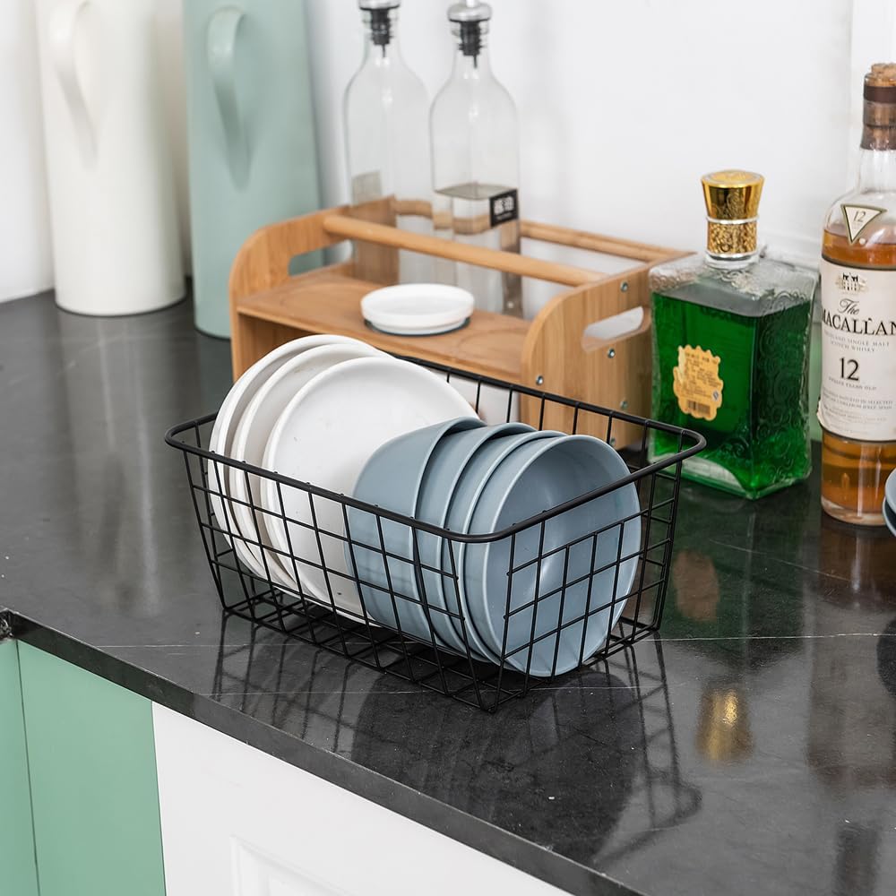 JUNCHU CHERRY Wire Kitchen Storage Basket 4 Packs,Perfect Pantry Organization Accessories Basket,Laundry Baskets,Countertop Organization,Suitable for Kitchen,Bathroom,Bedroom,Tabletop,Stackable,Black