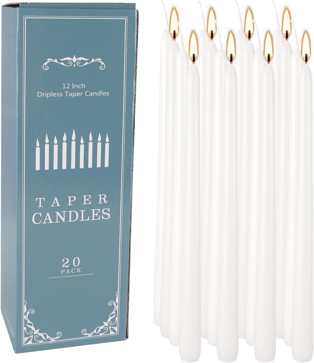 Howemon 20 Pack White Taper Candles 12 Inch Tall 3/4 Inch Thick Burn 10 Hours