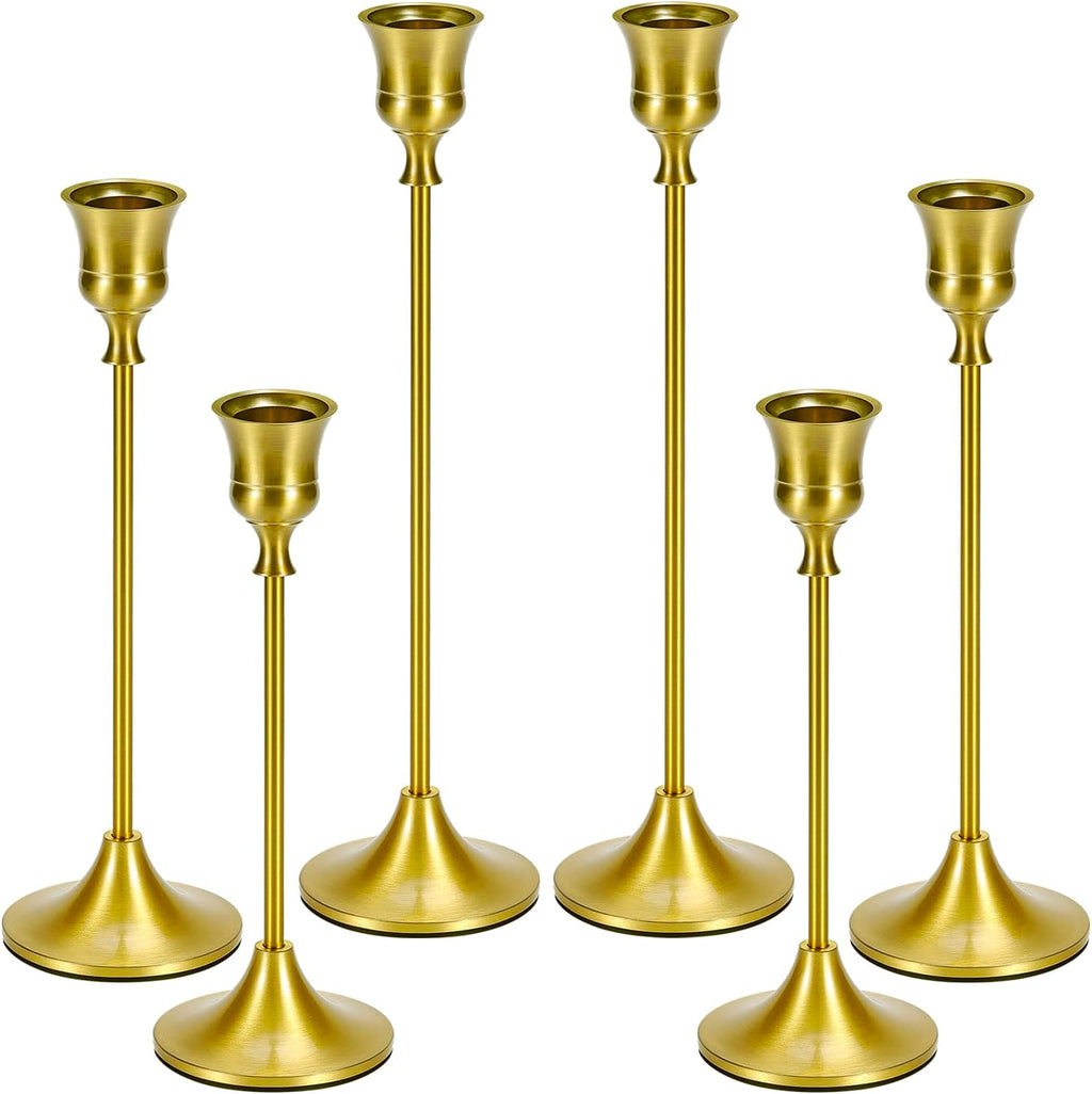 Metal Brass Gold Taper Candlestick Holders Set of 6, Wine‑Glass Shaped Candle Stick Holder with 3 Assorted Heights, Elegant Table Centerpiece Decor for Wedding Christmas Fireplace