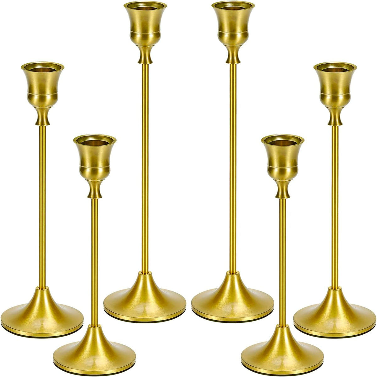 Metal Brass Gold Taper Candlestick Holders Set of 6, Wine‑Glass Shaped Candle Stick Holder with 3 Assorted Heights, Elegant Table Centerpiece Decor for Wedding Christmas Fireplace