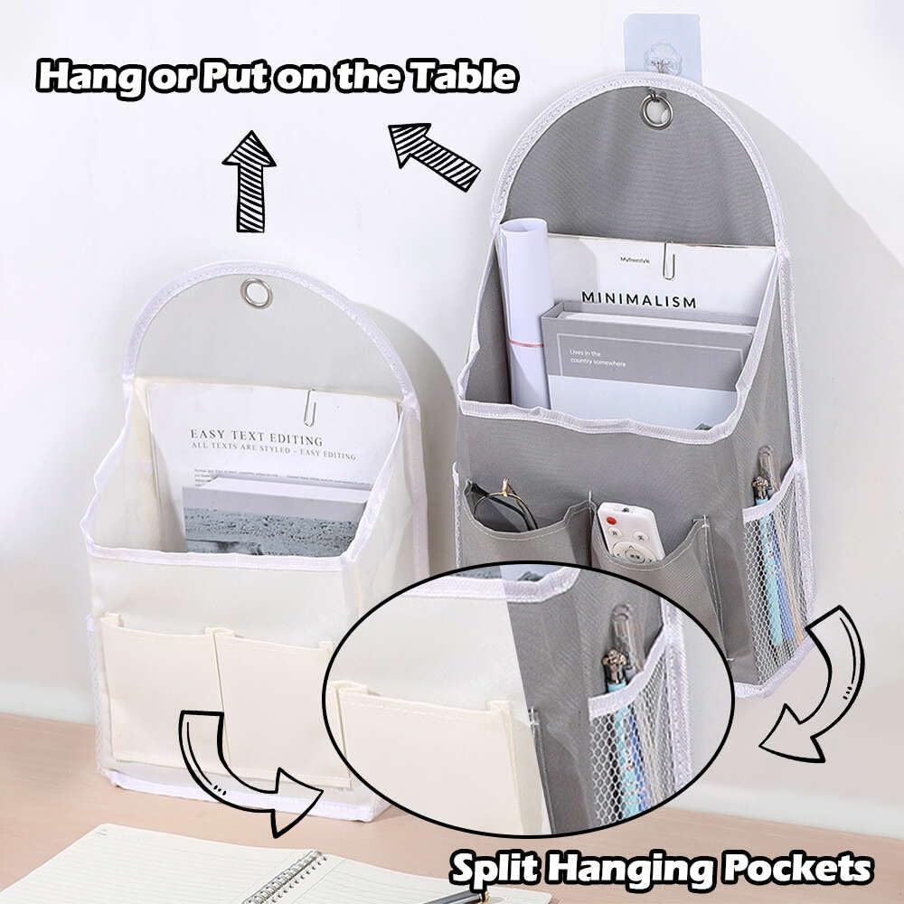 2 Pack Wall Hanging Storage Bag with Pockets, Locker Organizer Basket with Sticky Hook, Fabric Wall Organizer, Waterproof Hanging Bag for Closet Door Bedroom Bathroom Office Home Kitchen(Grey)