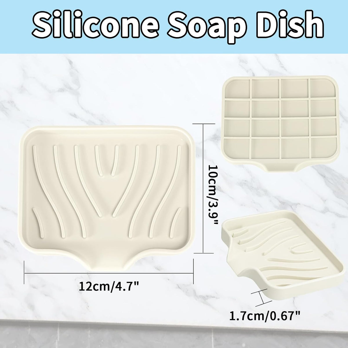 2 Pack Silicone Soap Dish with Drain, Self Draining Bar Soap Holder for Shower, Silicone Dish Soap Tray, Bathroom and Kitchen Sink Organizer, Beige