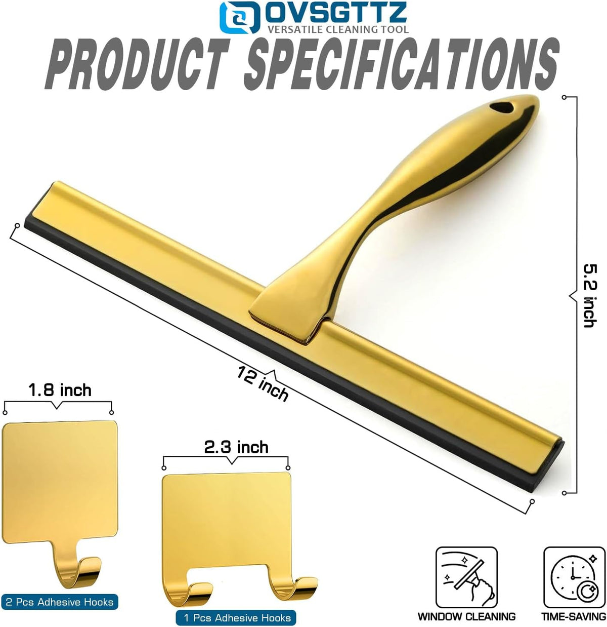 Shower Squeegee for Glass Doors, Stainless Steel, 12 Inch, 3 Hooks