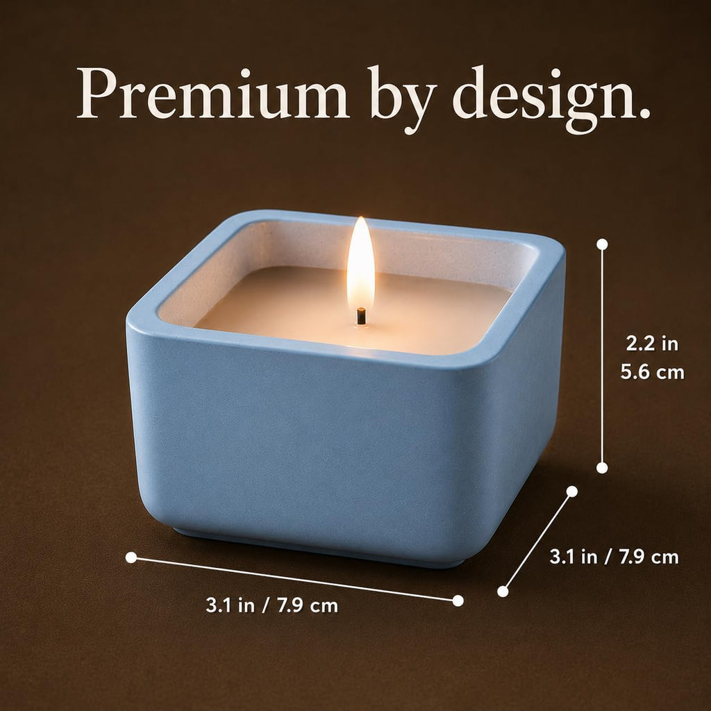Flameless Candle - Square LED Candle with Real Wax in a Cement Base | Battery Operated, 500+ Hours | Housewarming Gift, Home Décor, Bathroom, Coffee Table (Blue)