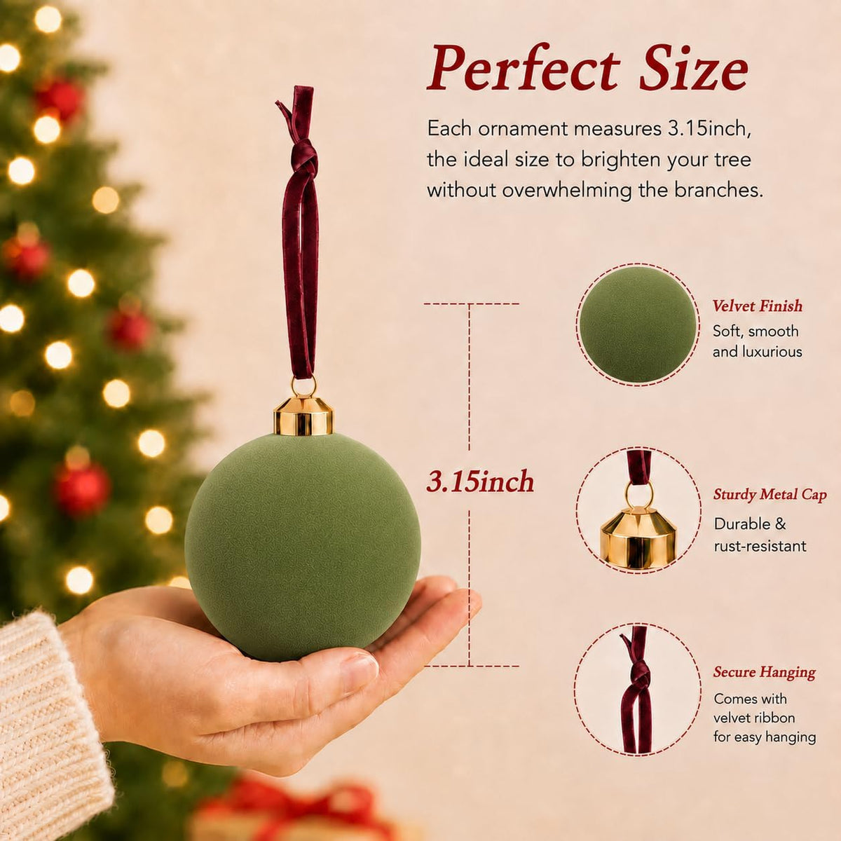 Green Flocked Christmas Ball Ornaments 12 Pcs, 3.15 Inch Velvet Xmas Tree Balls Shatterproof Bulk, Velvet Christmas Ornaments Set for Xmas Tree Holiday Wedding Party Decor