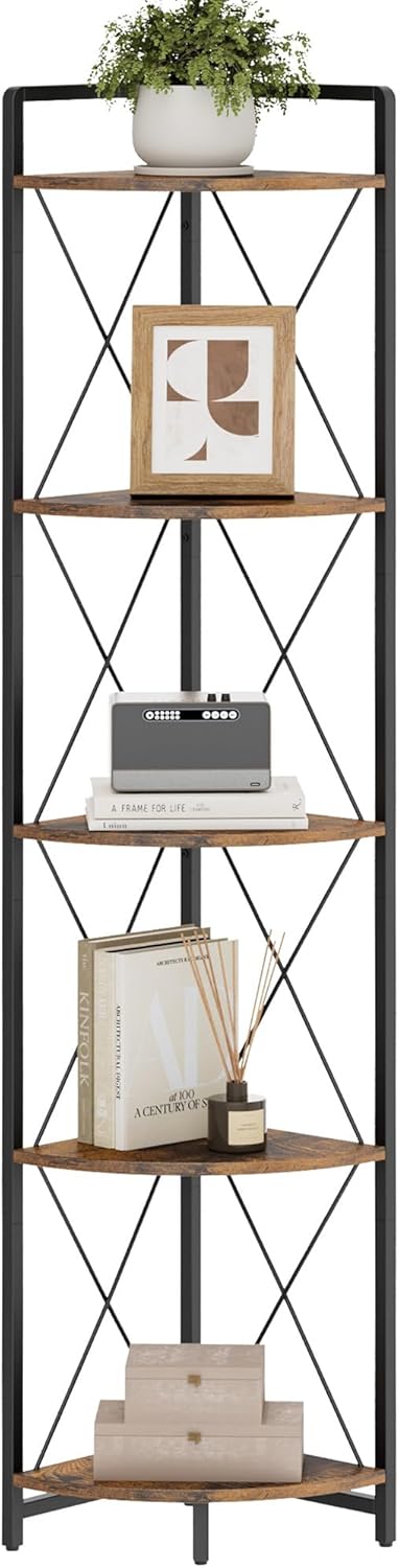 5 Tier Corner Shelf Stand, 64" H Tall Corner Bookshelf, Rustic Brown