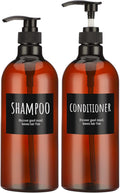 Empty Plastic Bottles with Labels, Segbeauty 33.8oz Large Brown Shampoo Conditioner Reusable Dispenser, 2 Packs of 1000ml Refillable Shower Lotion Pump Press Bottles for Bathroom Hand Soap Body Wash