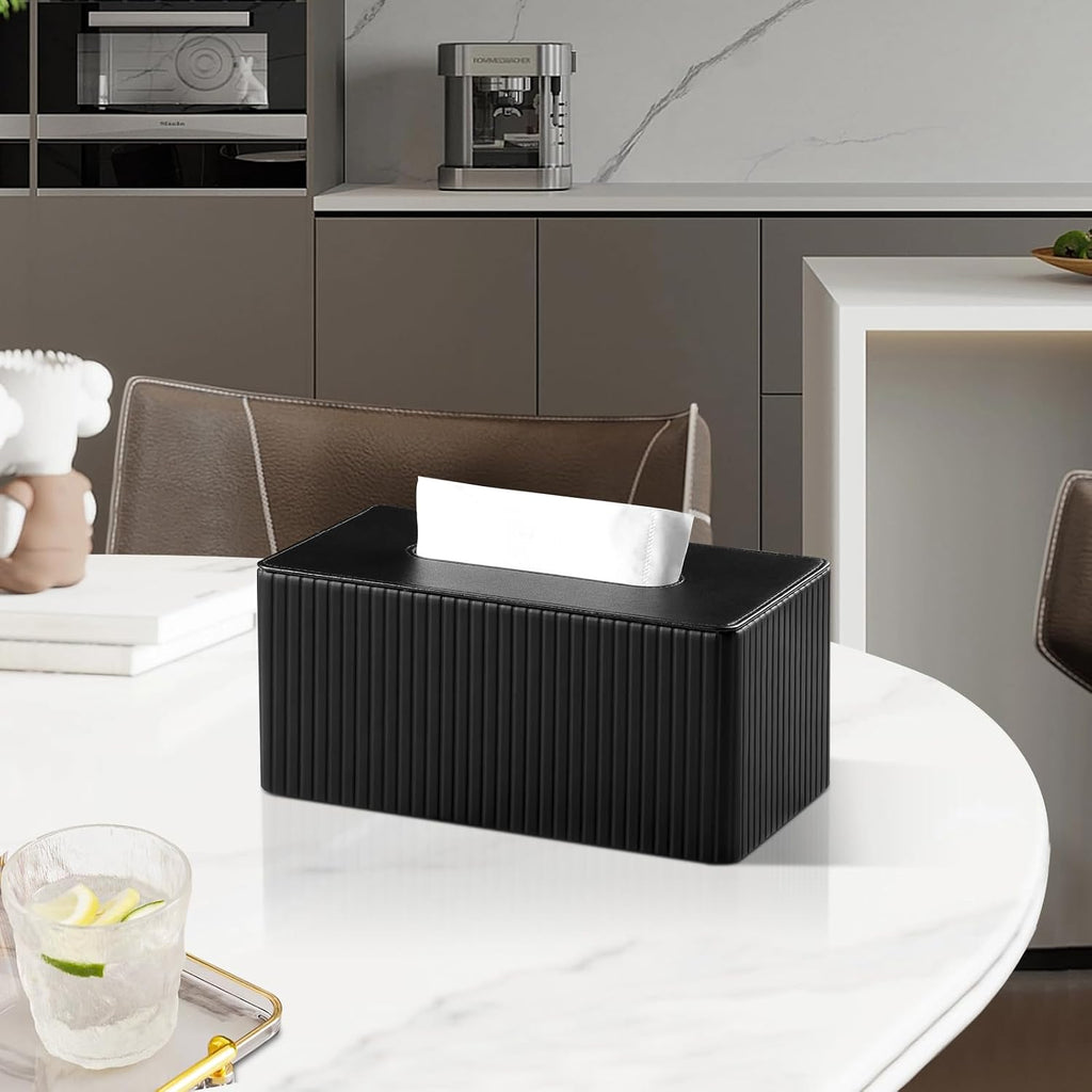PU Leather Tissue Box Cover Rectangle (Black, Inner Height 3.9")
