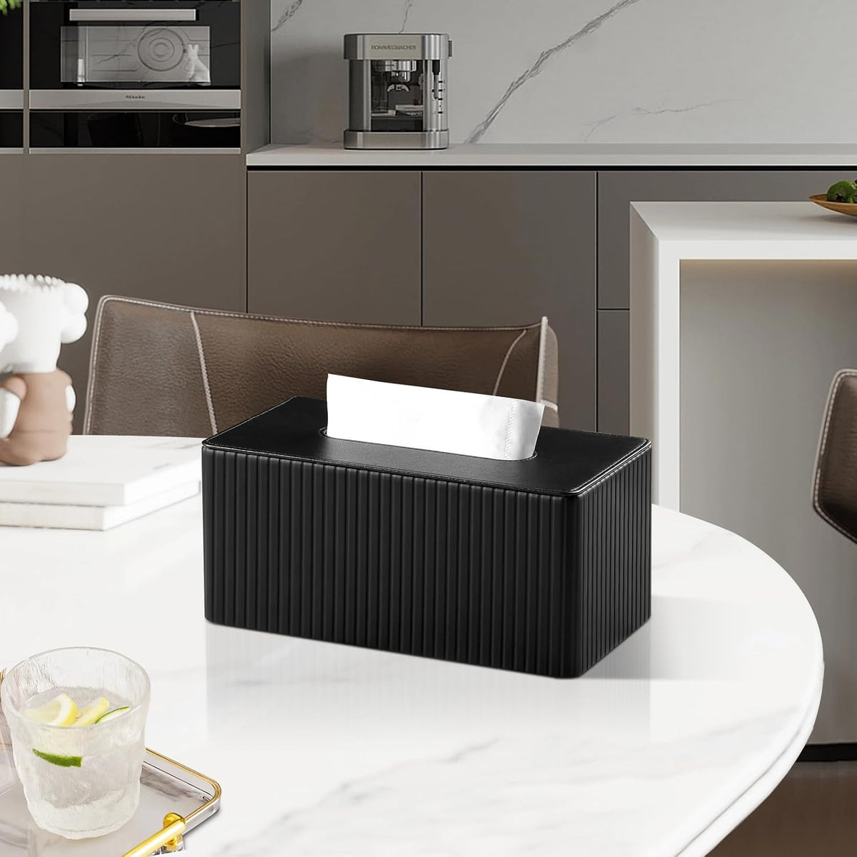 PU Leather Tissue Box Cover Rectangle (Black, Inner Height 3.9")
