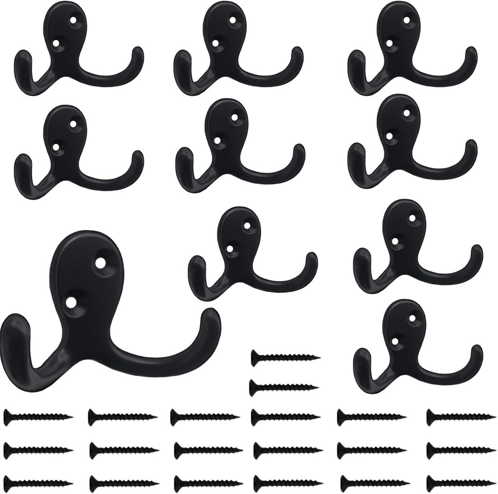 Kruodop 10 Pack Wall Hooks Wall Mounted Coat Hooks for Hanging Heavy Duty, Black Towel Hooks, Metal Double Coat Hanger with Screws Cup Retro for Coats, Handbags, Towels, Hat