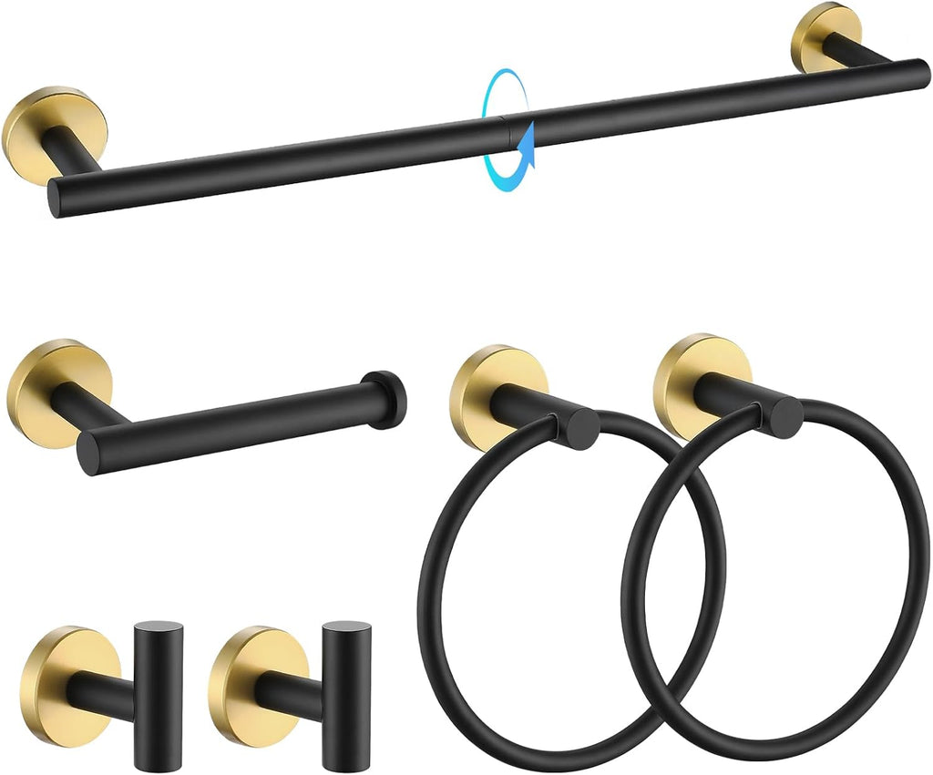 TQKAG Black and Gold Bathroom Hardware Set, 6-Piece Towel Bar Set 23.6 Inch