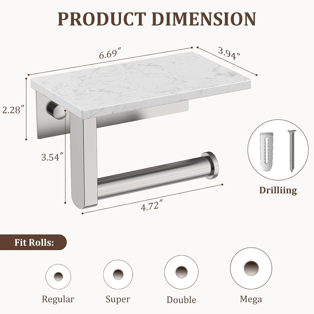 BWE Brushed Nickel Toilet Paper Holder with Marble Shelf Wall Mounted