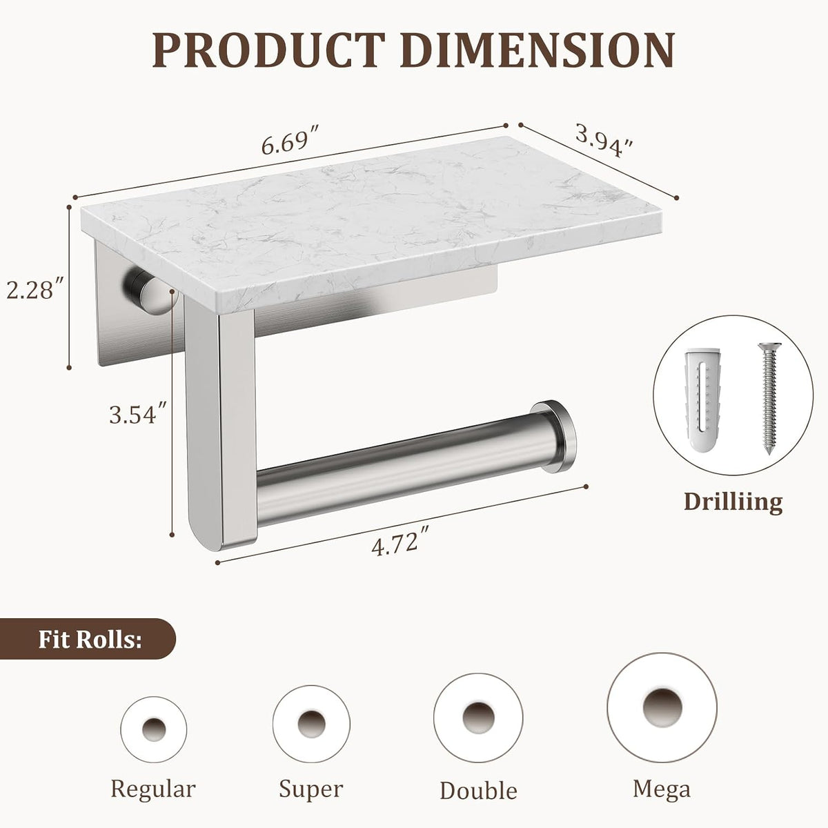 BWE Brushed Nickel Toilet Paper Holder with Marble Shelf Wall Mounted