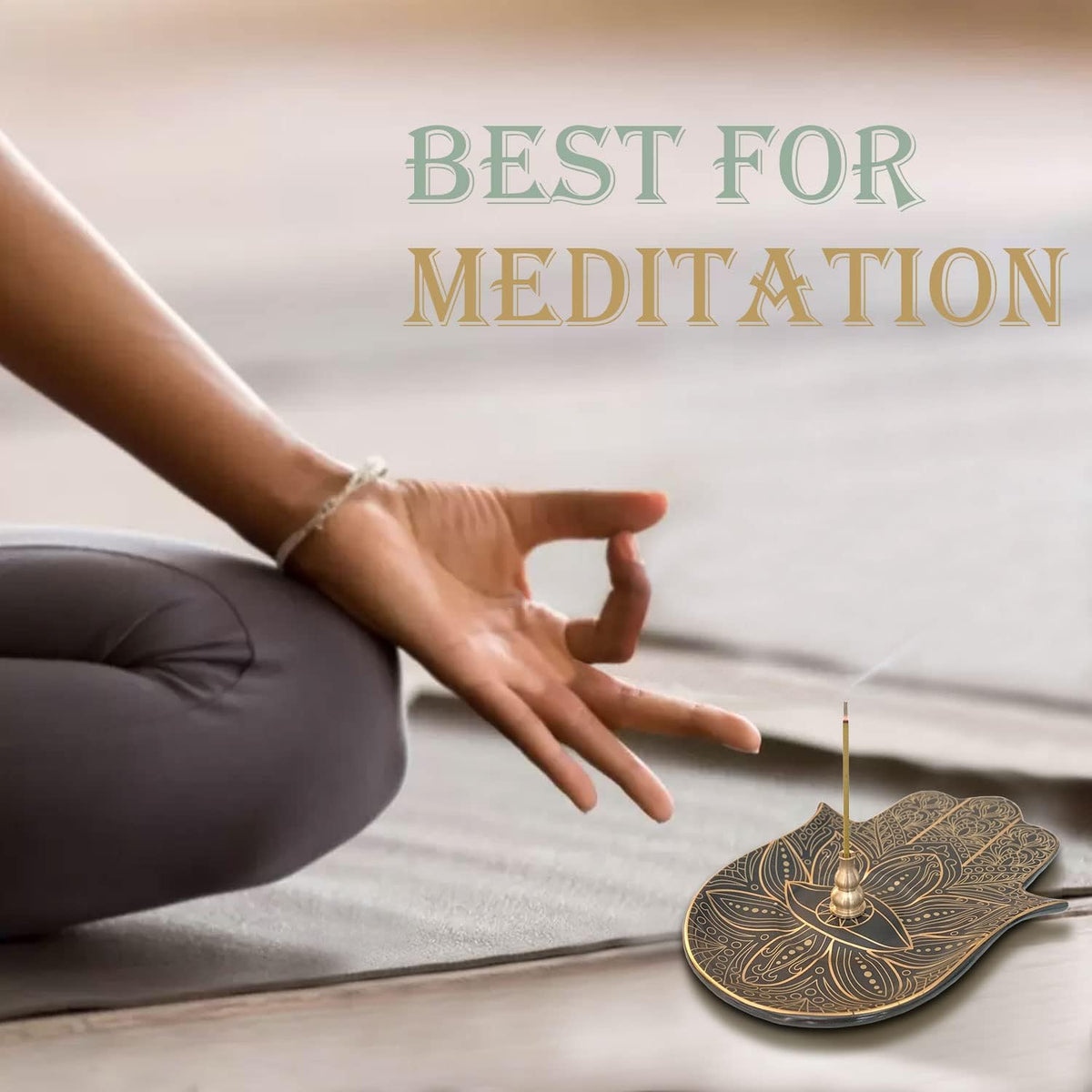 Ceramic Hamsa Hand Incense Holder - 2 in 1 Brass Incense Holder for Sticks and Coil Incense- Zen Decor with Hand of Fatima Design Protection from Evil - 6.2" L X 4.5" W (Black)
