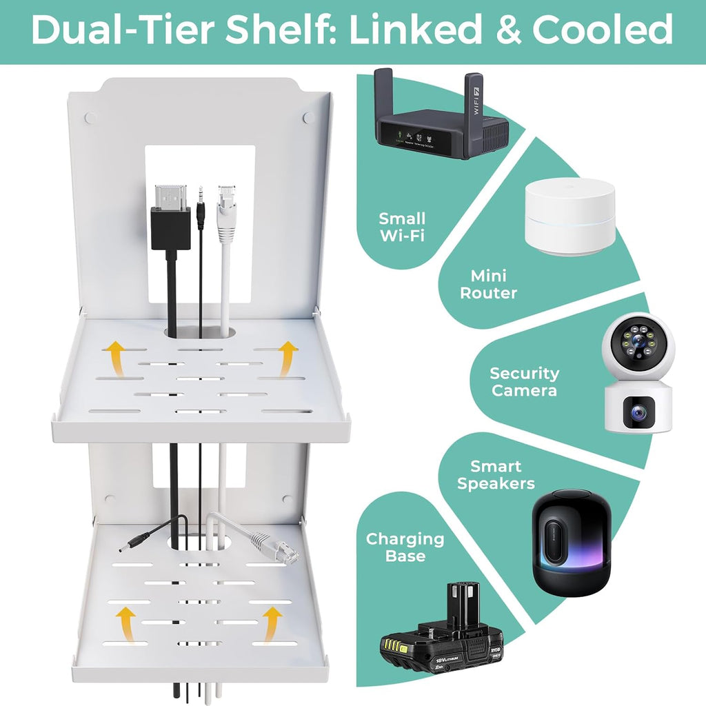 2-Tier Small Router Shelf Wall Mount - 7.5 inch Folding Metal Outlet Shelf w/Cable Holes | Dual-Layer Organizer Holder for WiFi Modem/Echo Dot & Cameras | Folds Up & Stackable (7.5″ Wide)
