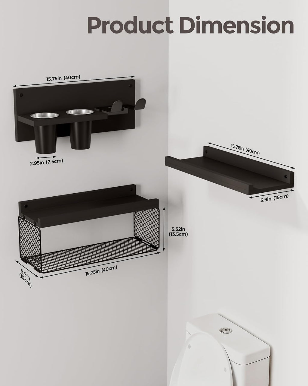 Puricon Floating Bathroom Shelves with Hair Dryer Holder, 3-Tier Rustic Wood Wall Mounted Organizers Set, Space Saving Over-Toilet Storage and Home Decor Hanging Rack -Black