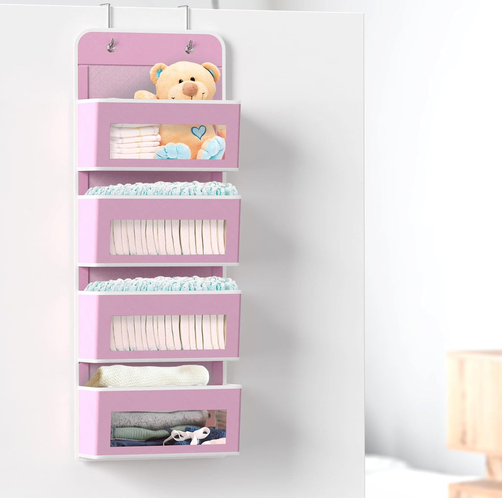 Simple Houseware 4 Clear Window Pocket Over Door Hanging Organizer, Pink