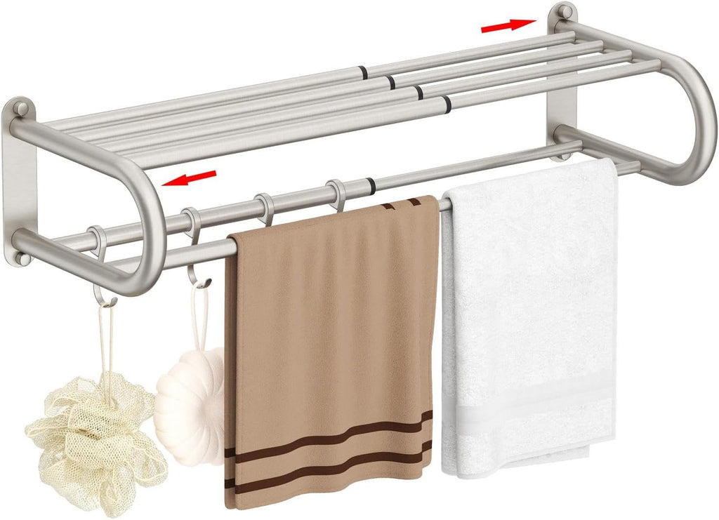 BESy Adjustable Bathroom Towel Rack with Shelf, Towel Bar, Nickel