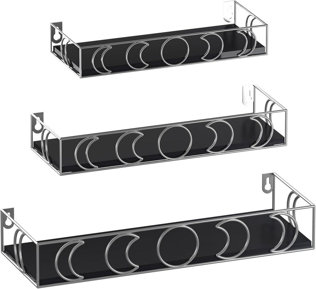 Moon Phase Wall Shelf, 3 Silver Side Black Base Floating Shelves