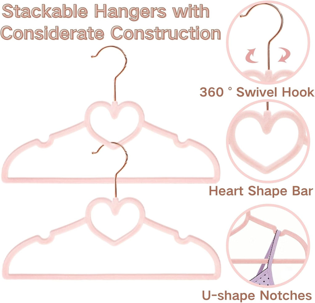 Coloch 50 Pack Pink Velvet Hangers for Kids, 12.8 in Non-Slip Baby Hangers with 20 Clips for Closet, Space-Saving Slim Felt Children Clothes Hanger for Nursery, Preteen, Coat, Dress, Shirt