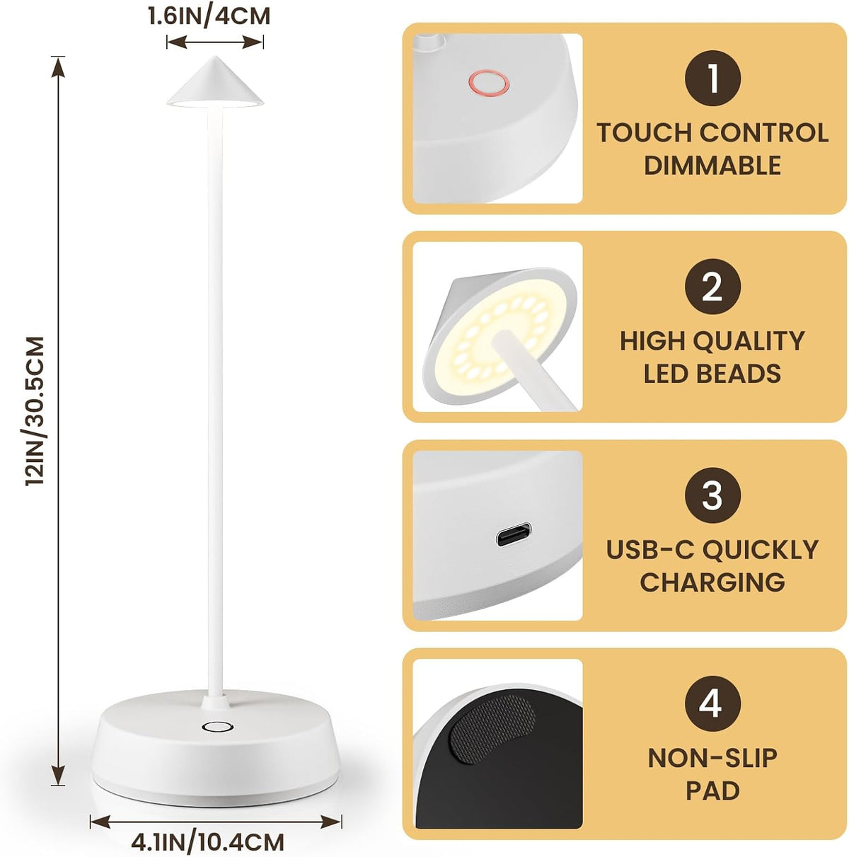Cordless Table Lamps Rechargeable, 6000mAh LED Battery Operated Desk Lamp, Portable Outdoor Waterproof Touch Stepless Dimmable Wireless Table Light for Dining Restaurant Home Patio (White-1PC)