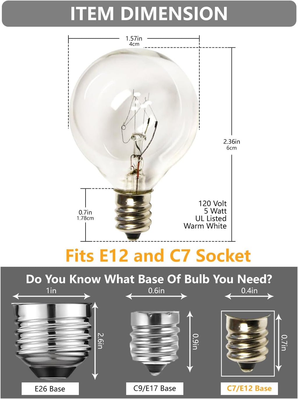 SUNSGNE G40 Replacement Light Bulbs, 5 Watt Clear Bulbs 1.5 Inch Globe Light Bulbs for Indoor Outdoor String Lights Replacement, Fits E12/C7 Screw Base Socket, 50 Pack