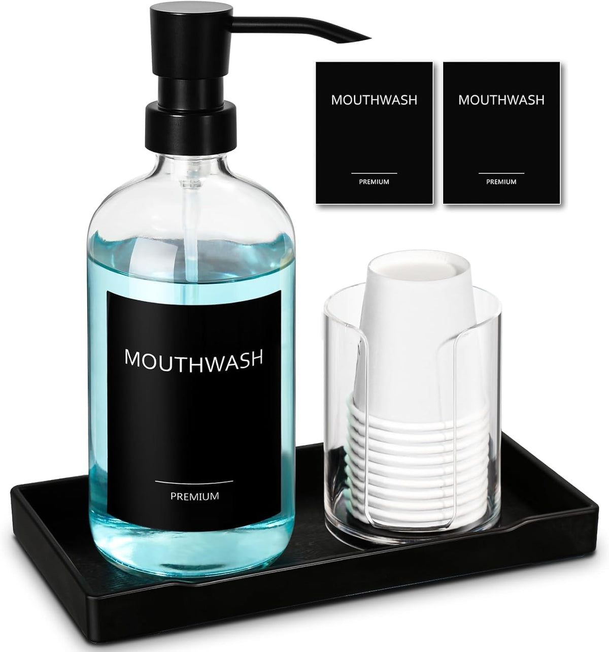 Mouthwash Dispenser for Bathroom, Glass Mouth Wash Pump Dispenser with Cup Holder, 17 Fl Oz Mouthwash Bottle Decanter with Tray, Refillable Mouthwash Dispenser Container