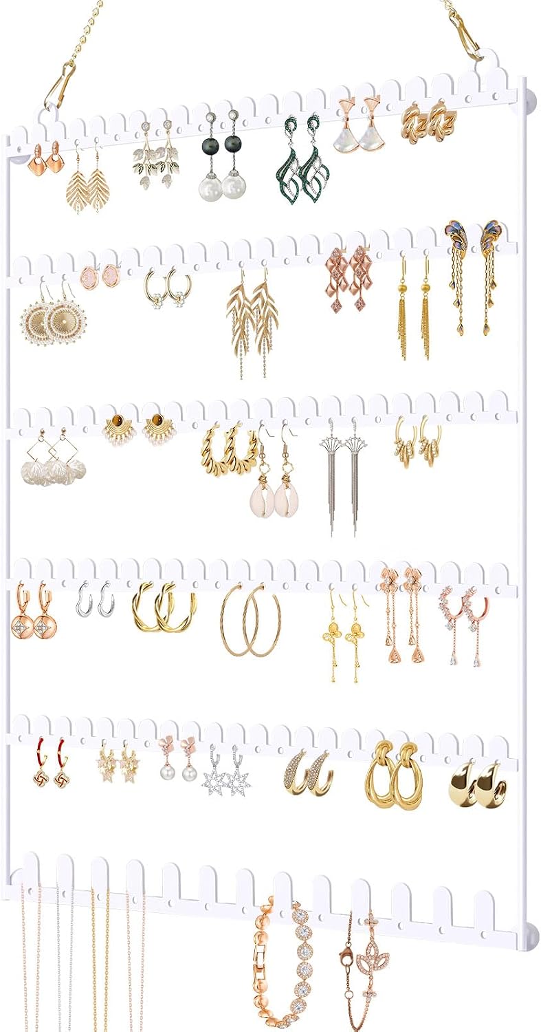 6 Tier Earring Holder Wall Mounted Hanging Earring Organizer White