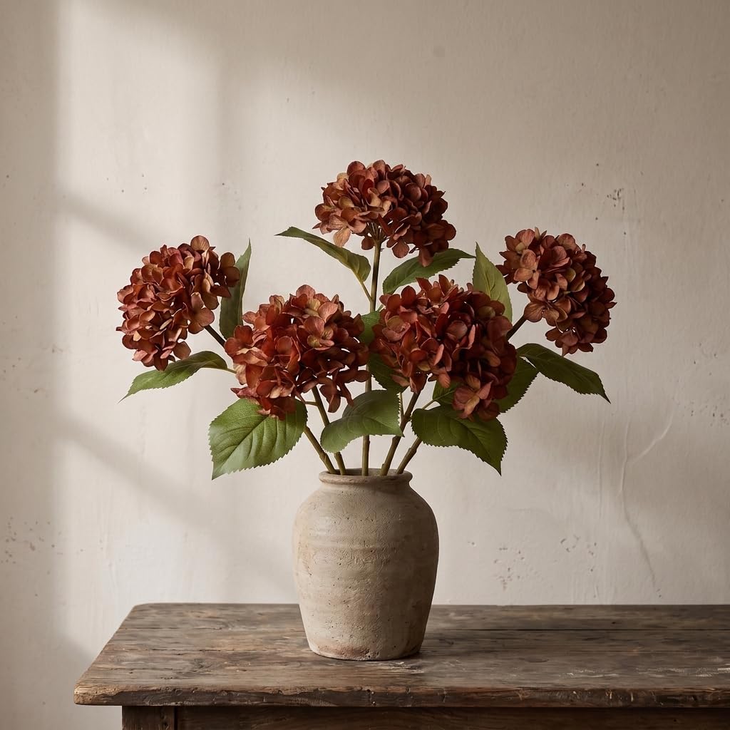 5 Pcs 18.5 Inch Fall Red Artificial Hydrangea Flowers with Stems, Faux Silk Realistic Fake Hydrangea Bouquet, Autumn Rust Fake Flower for Vase Table Centerpiece Wedding Home Farmhouse Fall Decor