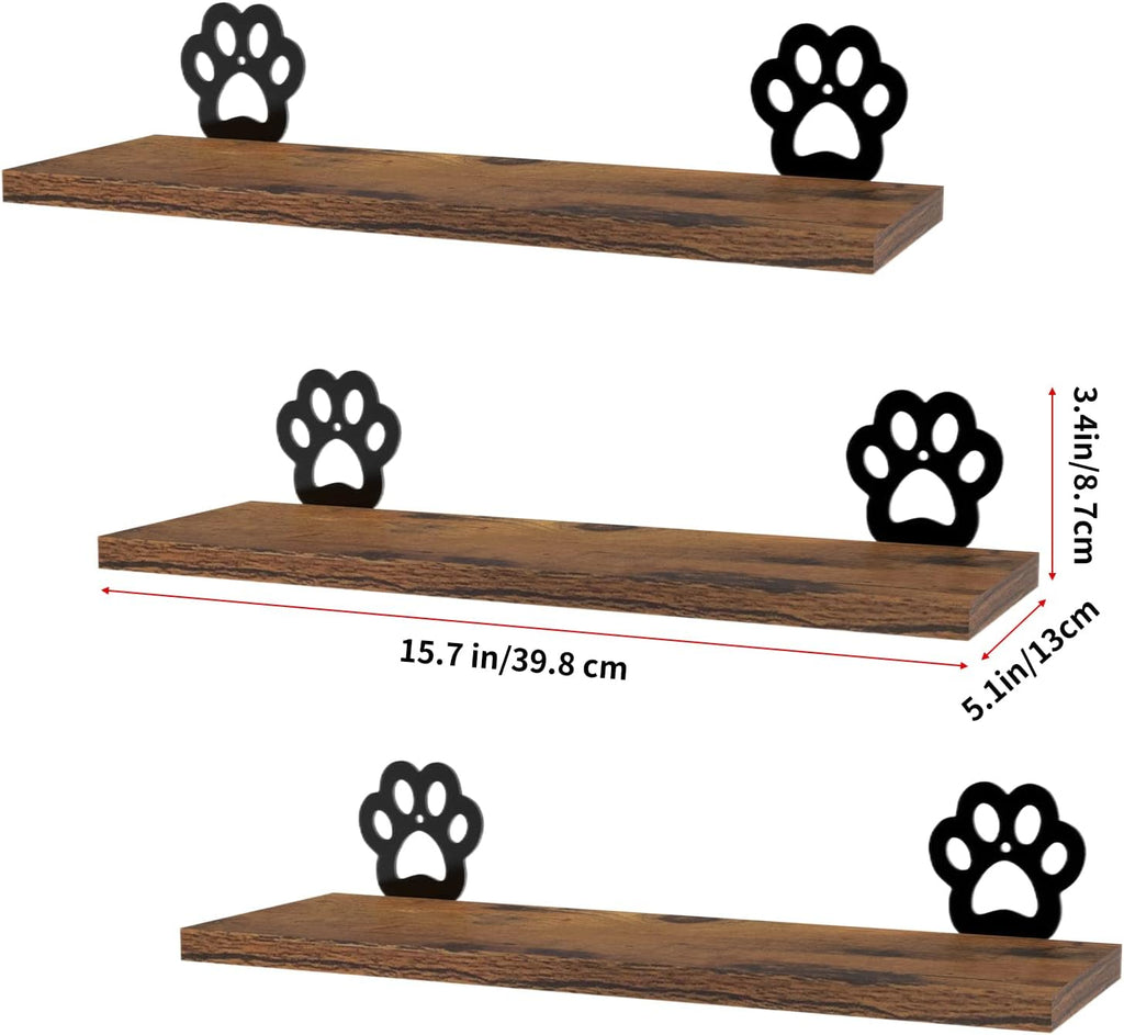 Lavezee Paw Prints Wall Decor Floating Shelves Set of 3, Cute Rustic Wooden Shelf Decorative Living Room, Bedroom, Bathroom, Log Cabin Shelving Wall Mounted
