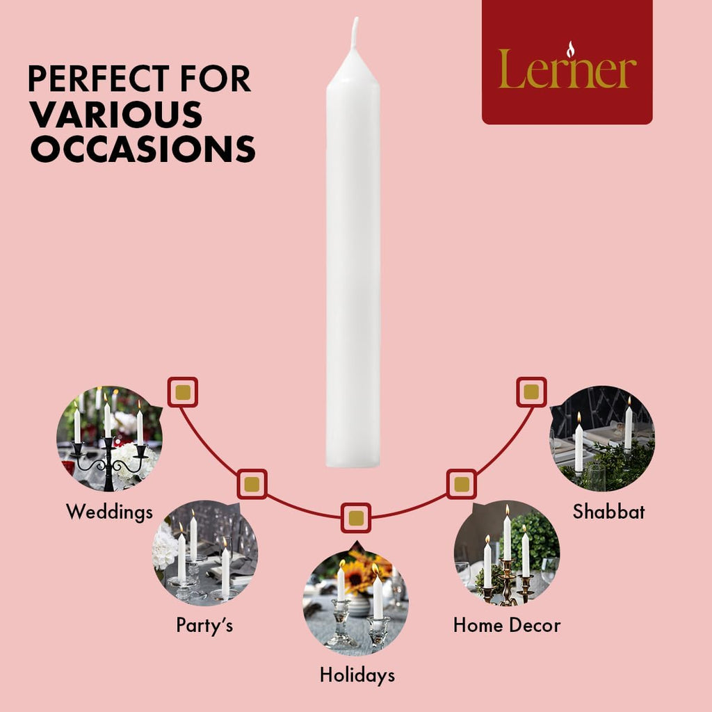 Lerner White Household Candlesticks, Pack of 100 | 6-Hour Burning Time | 7 Inch Tall Dinner Candles | 100% Dripless | Shabbat Candles | Candlesticks for Holidays, Churches, Décor, Emergencies