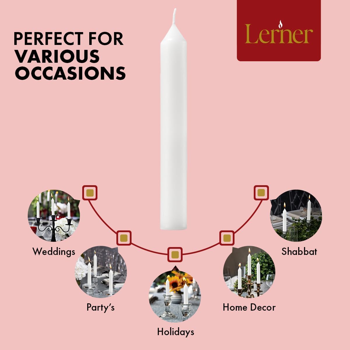 Lerner White Household Candlesticks, Pack of 100 | 6-Hour Burning Time | 7 Inch Tall Dinner Candles | 100% Dripless | Shabbat Candles | Candlesticks for Holidays, Churches, Décor, Emergencies