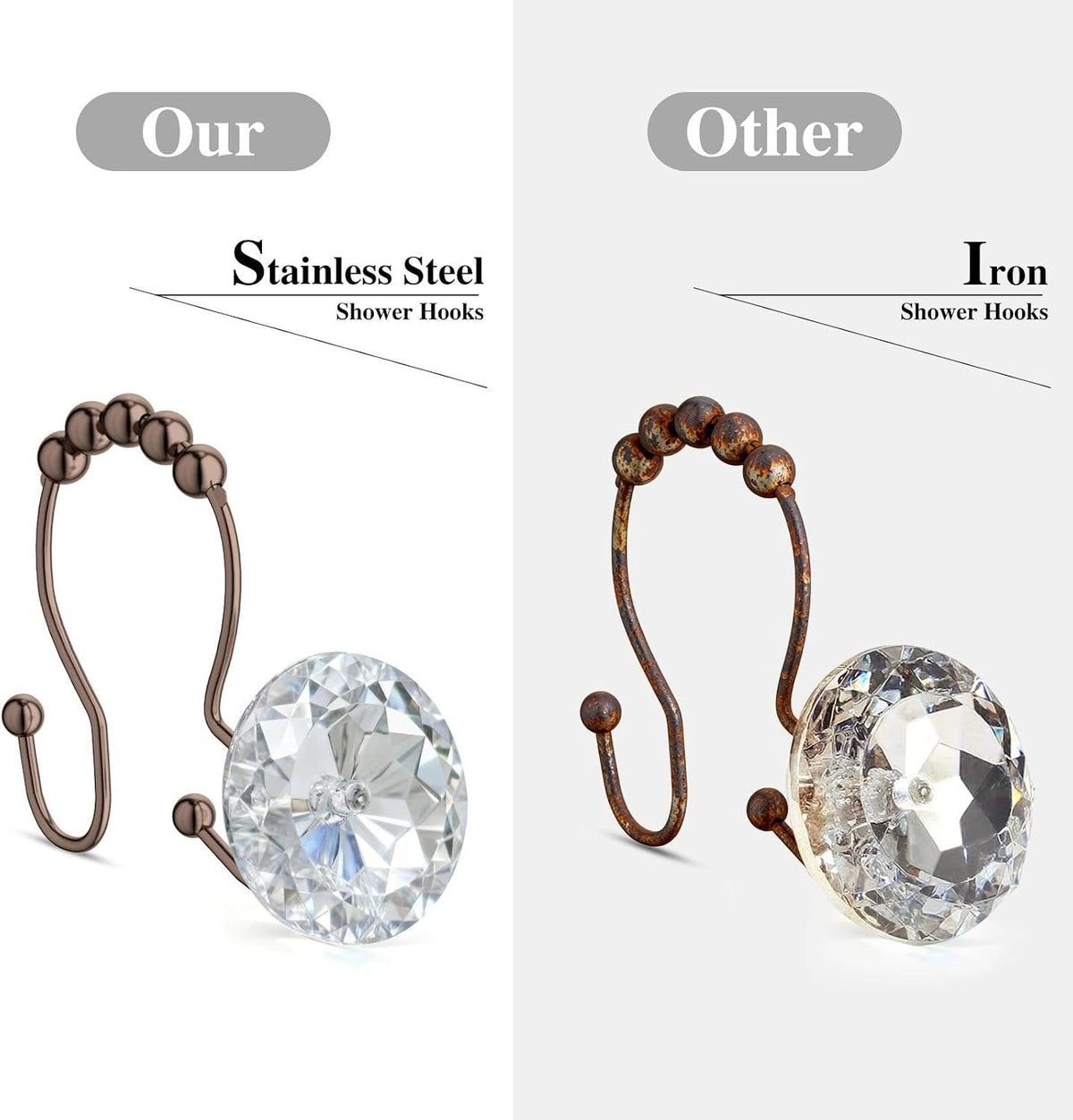 Goowin Shower Curtain Hooks, Crystal Shower Curtain Rings, Stainless Steel Shower Curtain Hangers, Metal Shower Rings for Curtain, Decorative Double Shower Hooks for Shower Curtain & Liner, Bronze