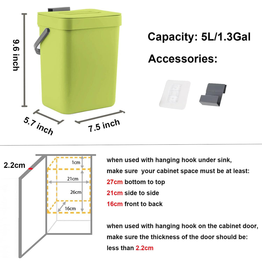 LALASTAR Small Plastic Trash Can, Hanging Small Trash Can with Lid Under Sink for Kitchen, Food Waste Bin for Countertop, Mountable Garbage Can for Bathroom, RV, 5L/1.3 Gal, Green