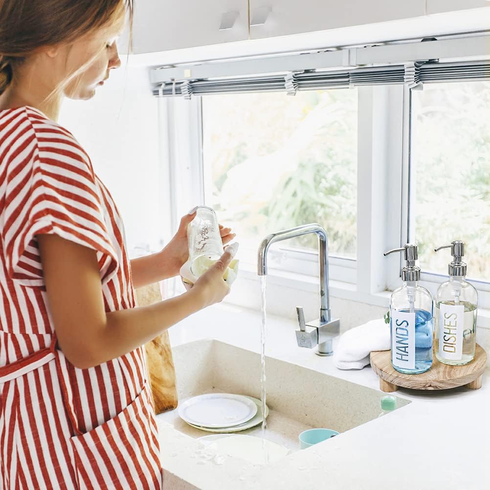JASAI 2Pack 18OZ Glass Soap Dispenser with Hands & Dishes Printed Label.