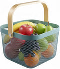 Mesh Steel Storage Organizer Basket Fruit Basket Bin with Wood Handle Ideal for Kitchen Bathroom Picnic Baskets Pantry Cabinets Storage Home Decor (Light Blue)