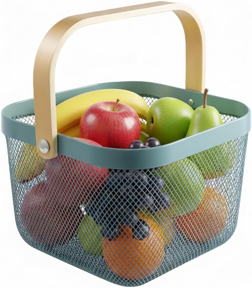 Mesh Steel Storage Organizer Basket Fruit Basket Bin with Wood Handle Ideal for Kitchen Bathroom Picnic Baskets Pantry Cabinets Storage Home Decor (Light Blue)