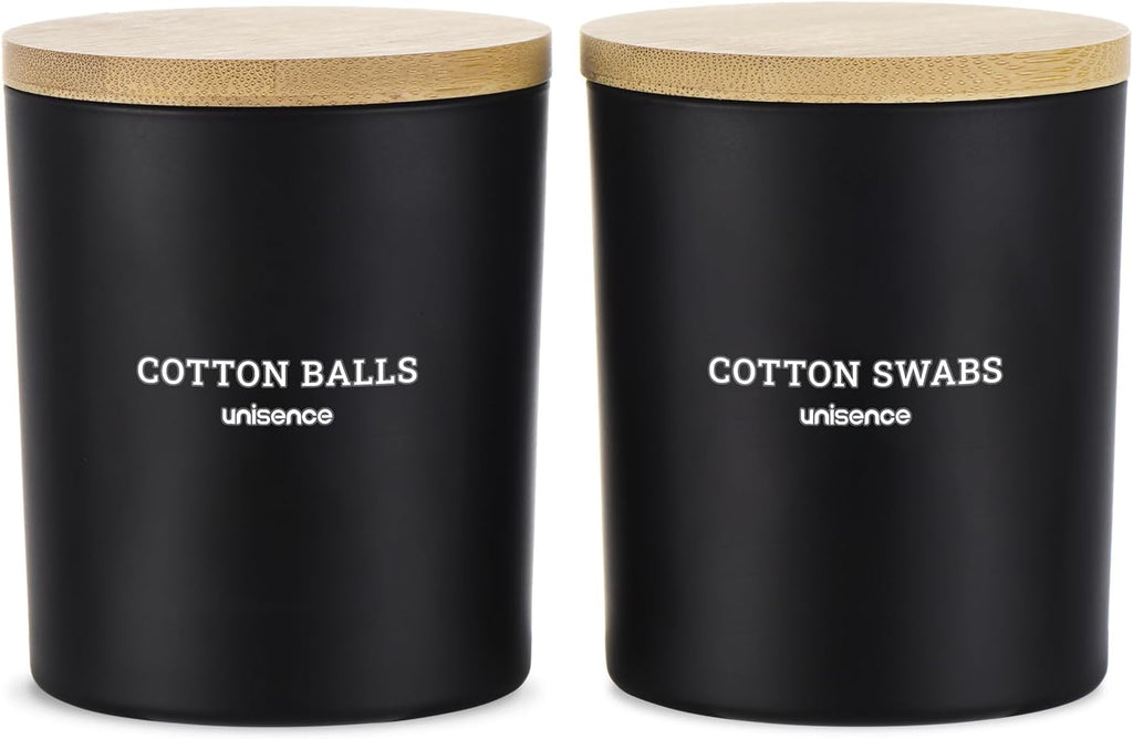 Glass Qtip Holder 2 Pack , Qtip Holder Dispenser Bathroom Set Bathroom Organizers and Storage Q tip Holder with Lid Makeup Storage Organizer for Cotton Swabs,Cotton Balls,Pads,Floss Picks ,Black