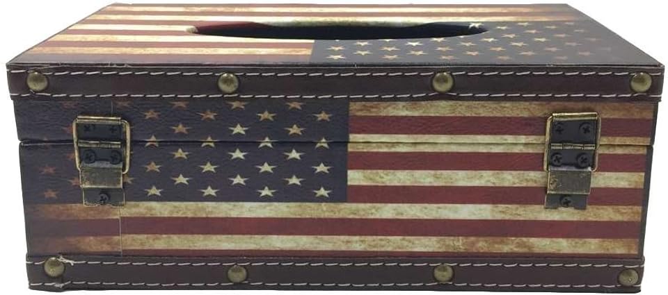 DreamsEden Wooden Tissue Box Cover Holder - Vintage Flag Style Classical Napkin Box for Home Office Room Decor (American Flag)