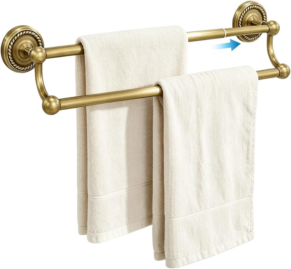 Adjustable GoldDouble Towel Bar, Antique Brass Wall Mount Towel Rack | Fits 16.4 to 27.8 Inch Wall Space, Heavy Duty Rustproof Towel Holder for Bathroom & Kitchen
