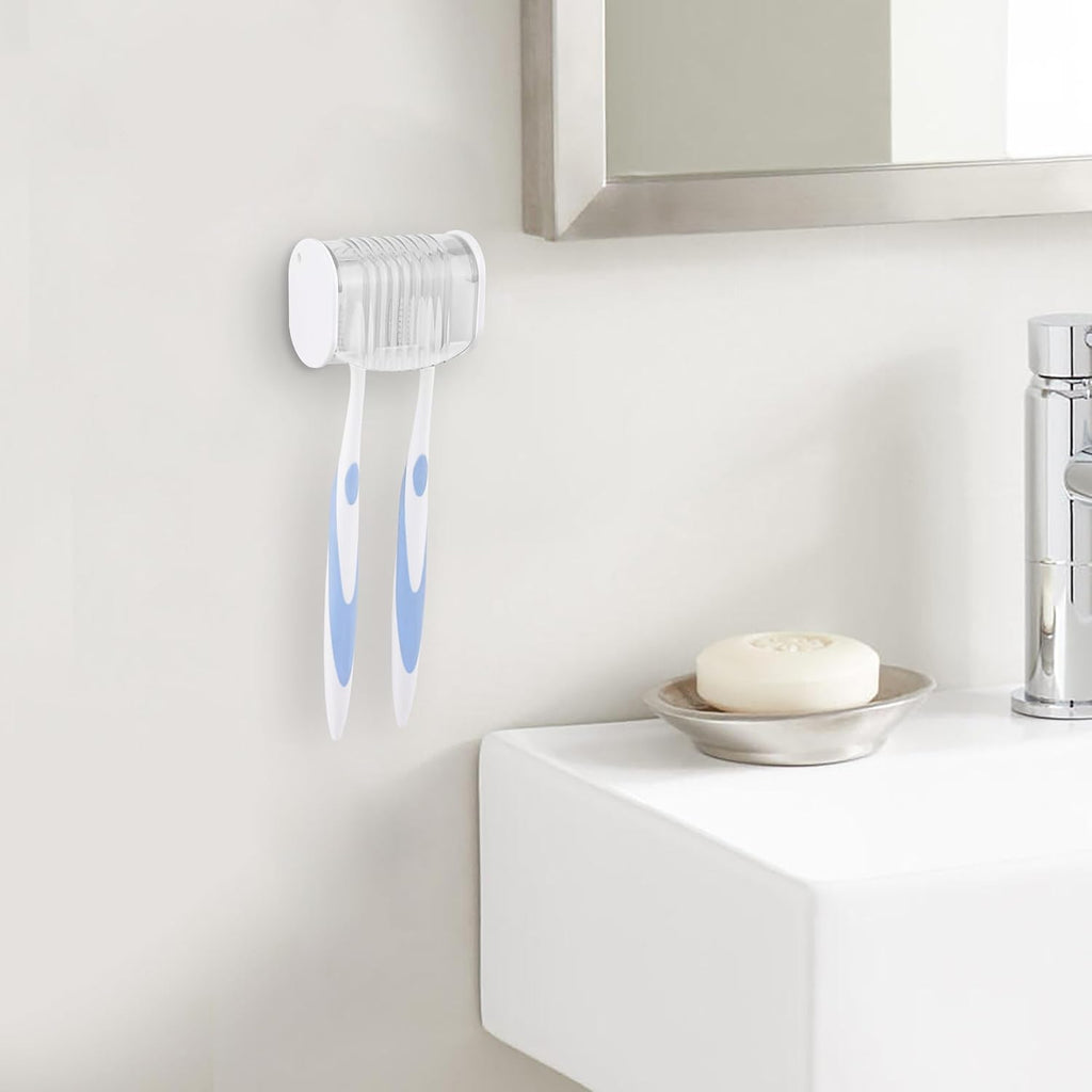 2 Pack Toothbrush Holder Wall Mounted with Cover for Bathroom, 2 Slots Toothbrush Storage Organizer for Shower, Self Adhesive Toothbrush Hanger (White)
