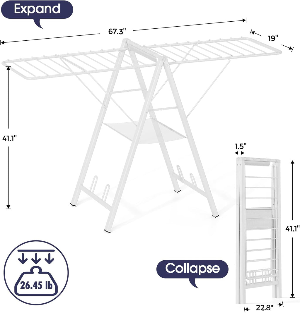 APEXCHASER Clothes Drying Rack, 67.3" L Height Adjustable, Foldable, White