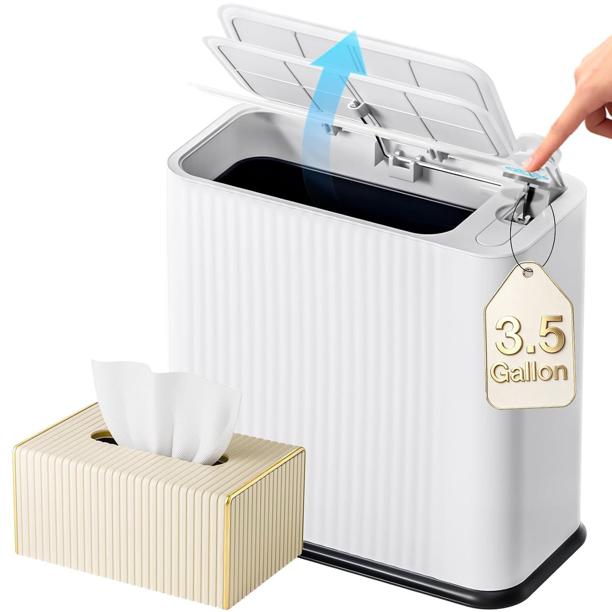 Bathroom Trash Can with Lid and Tissue Box Cover Set 13 L/ 3.5 Gallon White Trash Can with Pop-Up Lid Small Garbage Can for Bathroom Bedroom Office Kitchen