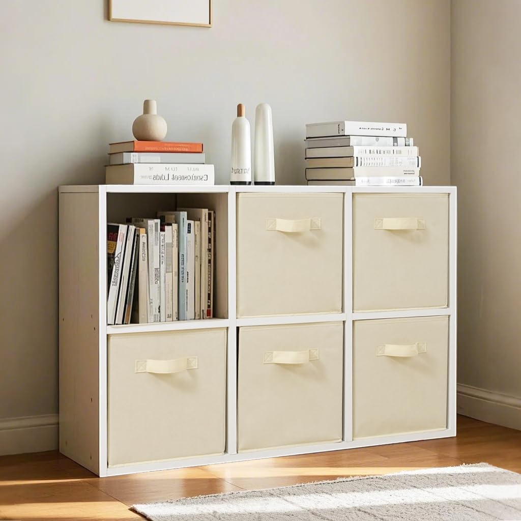 11x11 Inch Storage Bins Cubes, Fabric Foldable Storage Box, Collapsible Closet Organizer for Clothes, Blankets, Office, Bedroom, Living Room, Shelf Cabinet, Bookcase, Beige, 5 Pack