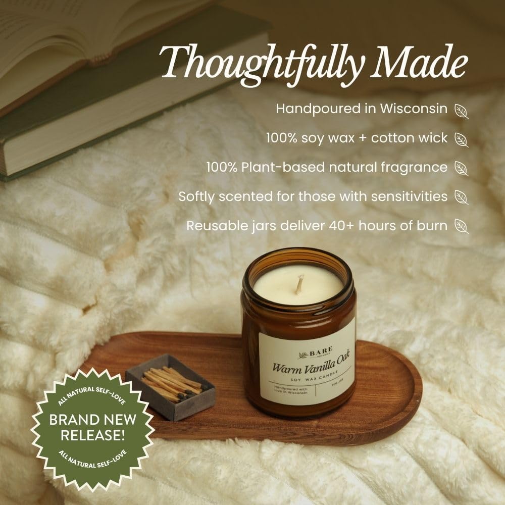 Bare Botanics 9oz Non Toxic Soy Candle Warm Vanilla Oak - 40+ Hour Burn